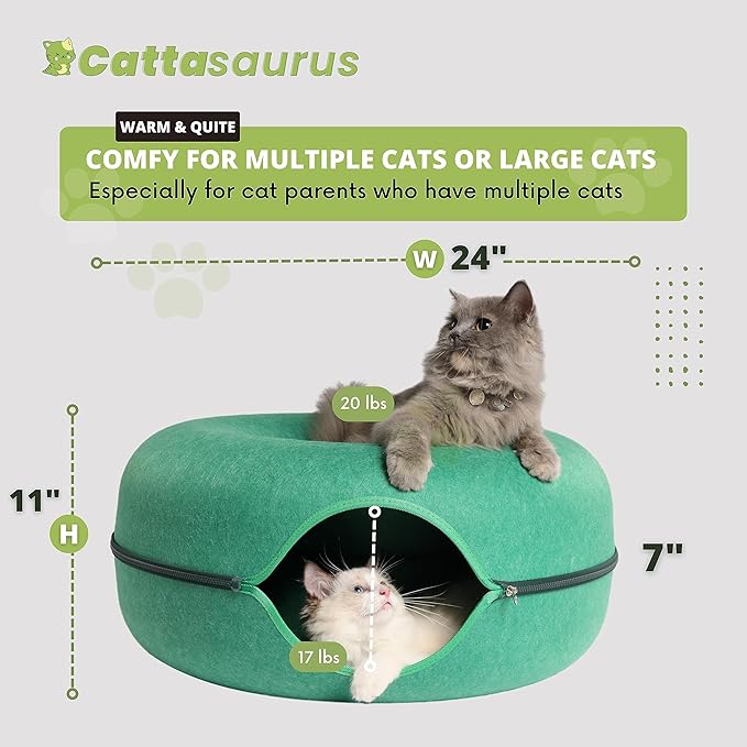 CATTASAURUS Peekaboo Cat Cave for Multiple & Large Cats Up to 30-45 Lbs, Scratch Detachable & Washable Tunnel Bed, Comfy Donut Cat Cave (Forest Green, Large)