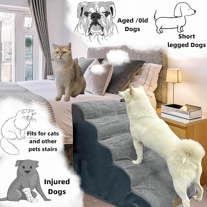 5-Step Dog Stairs for 30 Inch High Beds & 20-30 Inch Couch Bed, Non-Slip Balanced Indoor Pet Ramp Stairs for Small Old Large Dogs Cats to Get on Bed 30D