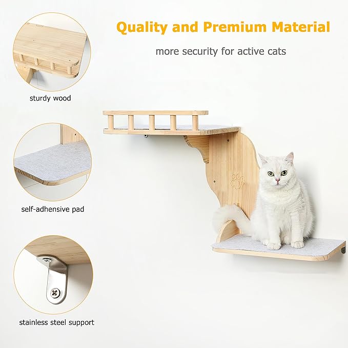 Cat Wall Perches, 2-Levels Corner Shelves Wall-Mounted Platform with Scrathing Mat, Wood Furniture for Indoor Cats Climb,Play and Nap (Left)