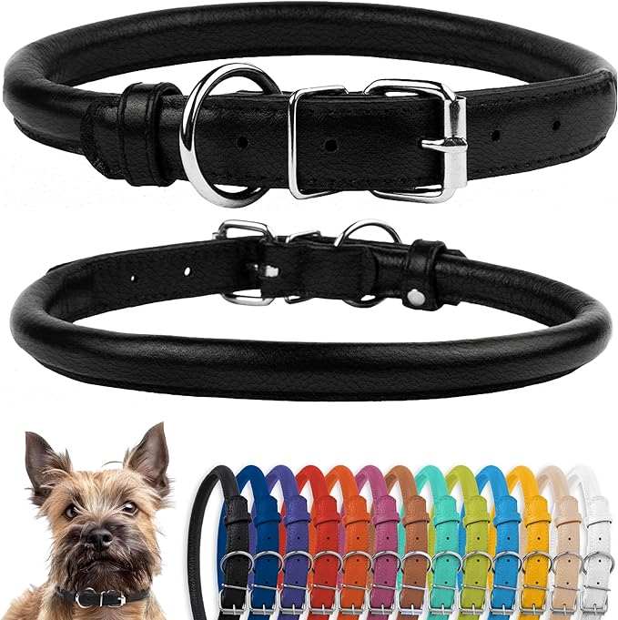 CollarDirect Rolled Leather Dog Collar, Soft Padded Round Puppy Collar, Handmade Genuine Leather Collar Dog Small Large Cat Collars 13 Colors (8-11 Inch, Black Textured)