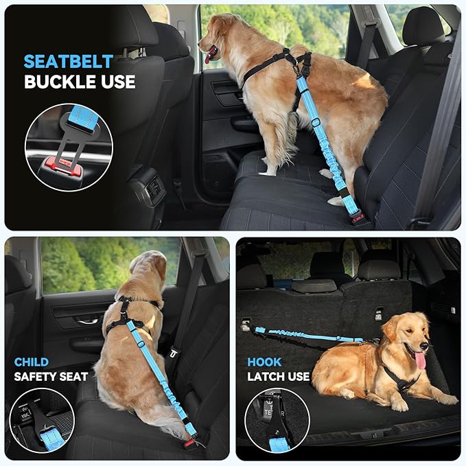 Pawaboo 2Pack Dog Seatbelt for Car, 3-in-1 Dog Seat Belt Bungee, Shockproof Dog Tether for Car with Buckle & Hook Latch, Adjustable Reflective Dog Car Harness Leash with 360° Lockable Buckle, Blue