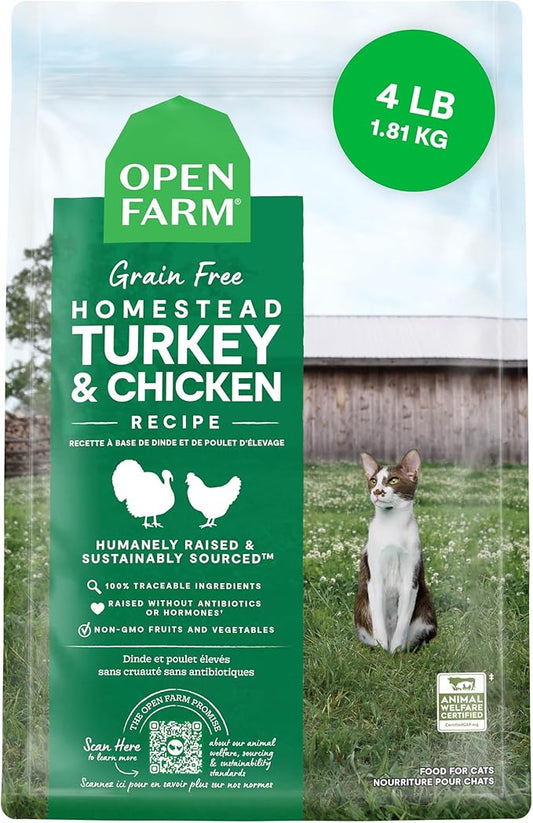 Open Farm, Grain Free Dry Cat Food, High-Protein Kibble for a Complete & Balanced Diet, Non-GMO Fruits & Vegetables, Prebiotic Fibers to Support Digestion, Homestead Turkey & Chicken Recipe, 4lb Bag