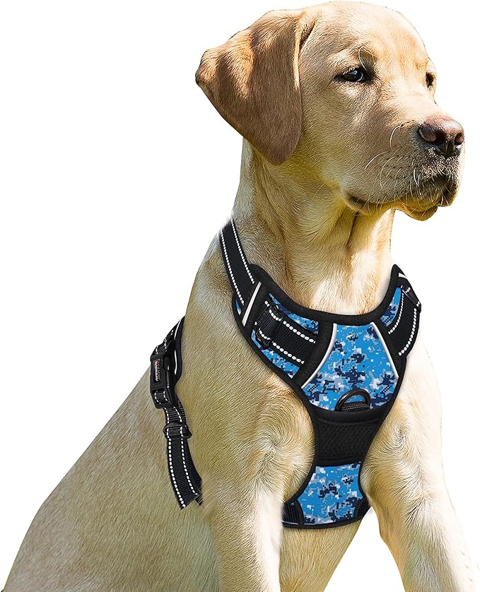 BARKBAY No Pull Dog Harness Front Clip Heavy Duty Reflective Easy Control Handle for Large Dog Walking(Blue camo,M)