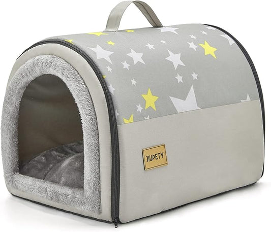 Jiupety Indoor Dog House, 2 in 1 Portable Foldable House Bed with Cover, Pet Tent & Cave Bed for Cats and Small Dogs, M(18"×14"×13"), Up to 9 Lb, Grey