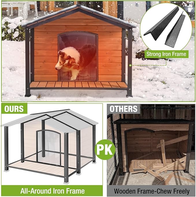 GUTINNEEN Dog House Outdoor & Indoor Insulated Dog Kennel with Liner for Winter Waterproof Dog Crate for Small & Medium & Large Dogs,Unique All-Around Iron Frame