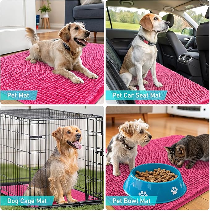 OLANLY Dog Door Mat for Muddy Paws 47x24, Absorbs Moisture and Dirt, Absorbent Non-Slip Washable Doormat, Quick Dry Chenille Mud Mat for Dogs, Entry Indoor Entryway Carpet for Inside Floor, Hot Pink