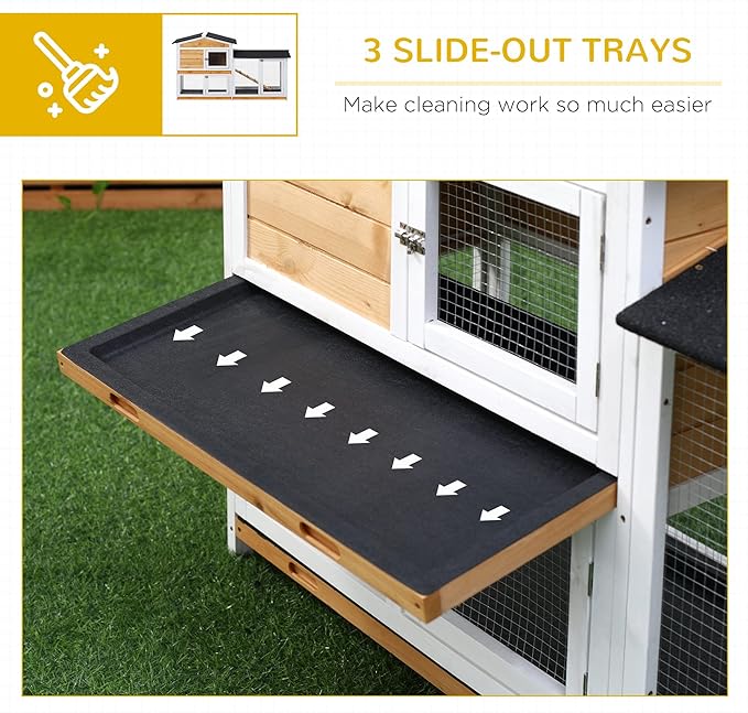 PawHut 62" Rabbit Hutch, Wooden Bunny Hutch, Guinea Pig Cage, Small Animal Enclosure with Run Area, Removable Tray, Asphalt Roof, Lockable Doors and Ramp, Nature Wood