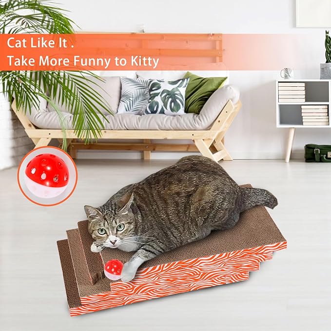Cat Scrather Box with 4 pcs Large Scratching Cardboard and Toy Ball, Catnip, 4 in 1 Large Refillable & Reversible Cat Scratcher Pad, Cardboard Cat Bed for Big Medium Small Lazy Kitty