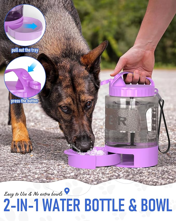 77oz Dog Travel Water Bottle, Large Portable Dog Water Bowl Dispenser, Leakproof Pet Drinking Bottle Dispenser for Hiking Camping Walking Travelling Beach Car Trips, No Spill, BPA Free,Purple