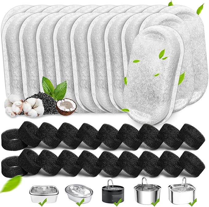 Cat Water Fountain Filters, 40 Pack Cat Replacement Filters for Stainless Steel 108oz/3.2L& 67oz/2L adjustable Flow Pet Water, Dog Fountain Filter（20 + 20 Pack)