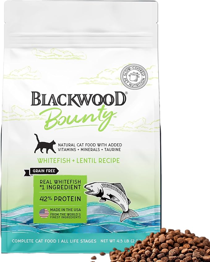 Blackwood Bounty Dry Cat Food, Whitefish & Lentil Recipe for All Life Stages, 4.5 Pound Bag, High Protein, Grain Free
