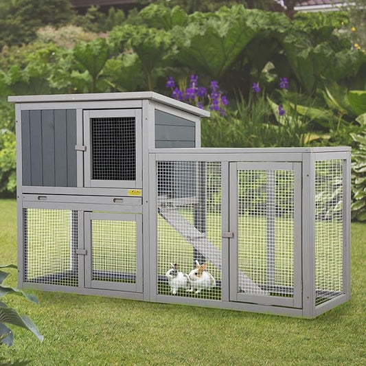 Assembled Wooden Indoor & Outdoor Rabbit Hutch, 2 Story Small Animal House Habitat, Durable Pet Bunny House Cage with Cleaning Tray, for Bunny Chick Duck Hamster (Grey)