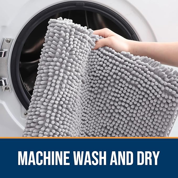 OLANLY Dog Door Mat for Muddy Paws 54x24, Absorbs Moisture and Dirt, Absorbent Non-Slip Washable Doormat, Quick Dry Chenille Mud Mat for Dogs, Entry Indoor Entryway Carpet for Inside Floor, Light Grey