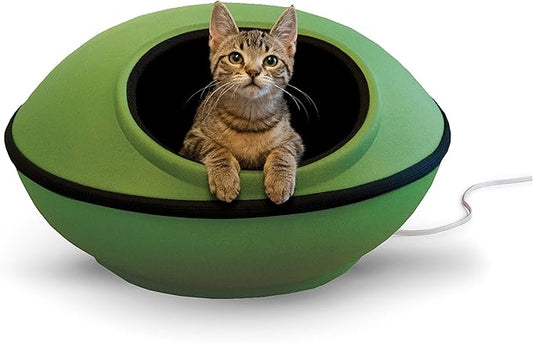 K&H Pet Products Heated Cat Bed for Large Cats, Thermo-Kitty Mod Dream Pod Heated Cat Cave Tent House Bed for Indoor, Warming, Washable Cushion, Waterproof Heater, Safety Listed - 22in Round Green