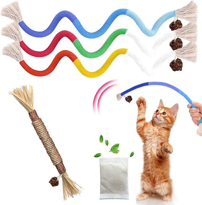 Cat Toys Chew Rope & Silvervine Sticks for Bored Indoor Adult Cats, 4Pcs Interactive Catnip Toys for Cats with Refillable Natural Catnip Bag for Teeth Cleaning