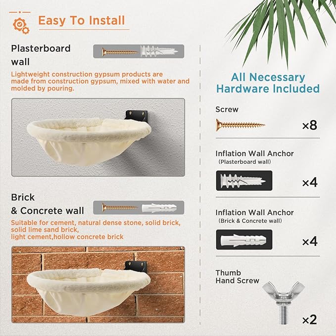 Cat Hammock Wall Mounted, Foldable & Stable Cat Beds- Breathable Cats Wall Shelves for Sleeping, Playing, Climbing, and Lounging - Maximum Hold Up to 30lb（Cream,Faux Rabbit Fur）