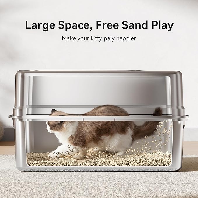All-Metal 28" Extra Large Stainless Steel Cat Litter Boxes with Lid Metal Cat Litterbox Pan for Big Cats and Multiple Cats, Anti-Leakage, Easy Cleaning, Include Scoop