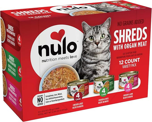 Nulo Real Shreds with Organ Meat Wet Canned Cat Food, Variety Flavors, 2.8 Ounce, 12 Cans