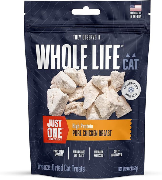 Whole Life Cat Just One Chicken Freeze Dried Cat Treats - Human Grade High Protein Food, Healthy Training Snacks, Freeze Dried Chicken Food Toppers, USA Made Natural Treats - 9 oz (Pack of 1)