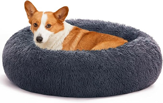 Love's cabin Calming Dog & Cat Bed, Cat Bed for Indoor Cats,Anti-Anxiety Donut Round Dog Bed,Fluffy Faux Fur Washable Bed for Small Medium Pet,Beige,Bluish Grey,30"