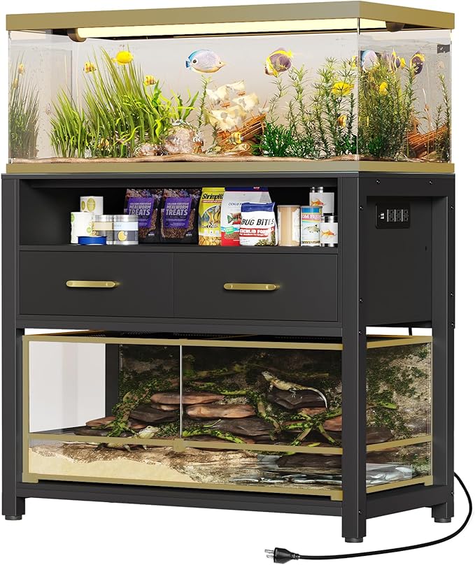 40-50 Gallon Fish Tank Stand with Power Outlet & 2 Storage Drawers, Heavy Duty Metal Frame Aquarium Stand with Waterproof Mat, 36.6" L*19.1" W Tabletop, 800LBS Capacity, Black