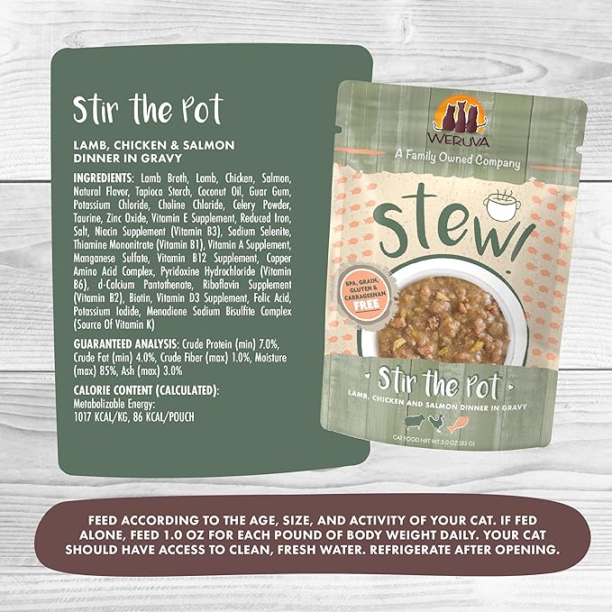 Weruva Classic Cat Stews!, Stir The Pot with Lamb, Chicken & Salmon in Gravy, 3oz Pouch (Pack of 12)