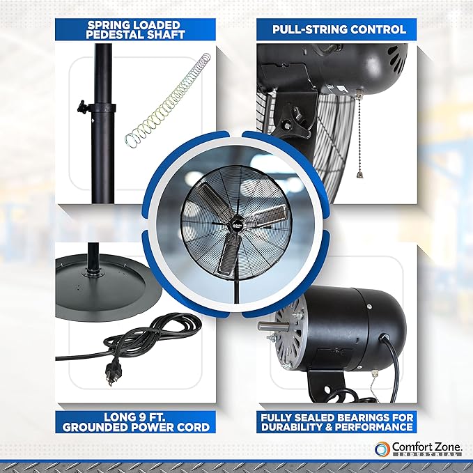 Comfort Zone Industrial Pedestal Fan, 30 inch, 3 Speed, High Velocity, Adjustable Height 56” to 76”, Metal, Meets OSHA Standards, Airflow 36 ft/sec, Ideal for Garage, Workshop or Warehouse, CZHVP30