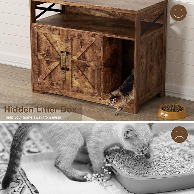 Cat Litter Box Enclosure, Hidden Litter Box Furniture with Scratch Pad, Farmhouse Indoor Cat House Washroom End Table, Rustic Brown