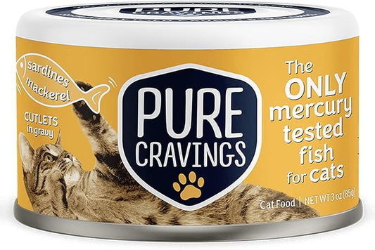 Wet Cat Food Canned Mackerel and Sardine Cutlets in Gravy, Every Catch is Mercury Tested, Moist Can Fish for Cats, Grain-Free, Protein, Non-GMO, Pack of 12