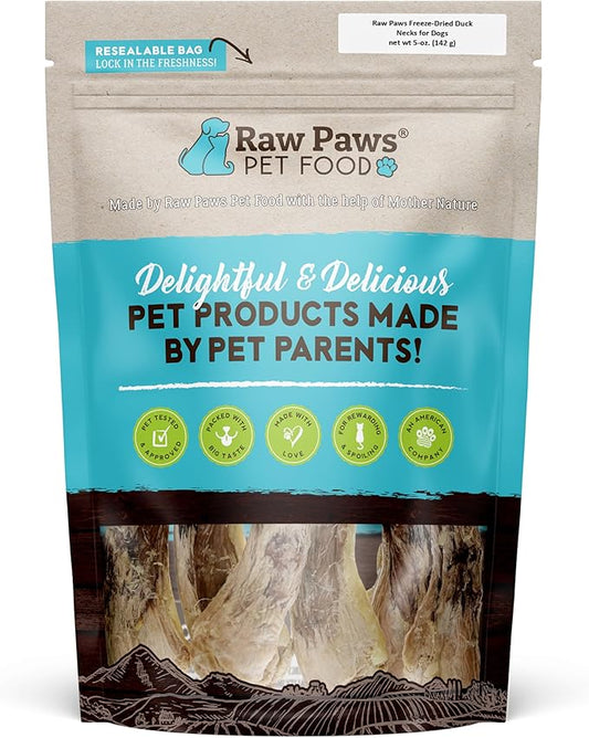Raw Paws Freeze Dried Duck Necks for Dogs, 5-oz - Made in USA - All Natural Duck Dog Treats - Single Ingredient
