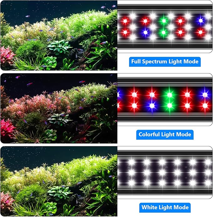 AQQA Full Spectrum Aquarium Light,Fish Tank Lights for Plant Growth Fish Viewing,3 Mode White Blue Red Green LED Beads,Timer,Adjustable Brightness,Extendable Brackets for Freshwater 18W for 18-24inch