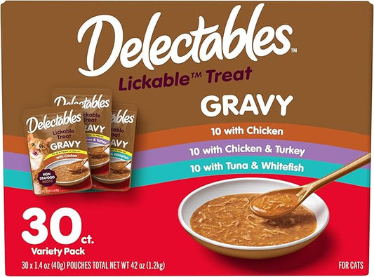 New! Delectables Gravy Lickable Wet Cat Treat & Food Topper, Variety, 30 Pack