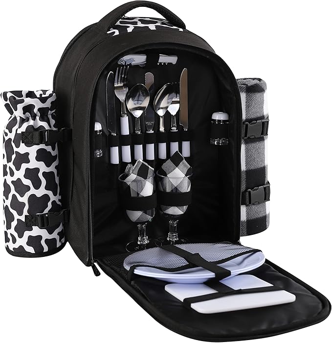 apollo walker Picnic Backpack Bag for 2 Person with Cooler Compartment, Detachable Bottle/Wine Holder, Fleece Blanket, Plates and Cutlery Set (2 Person, Black)