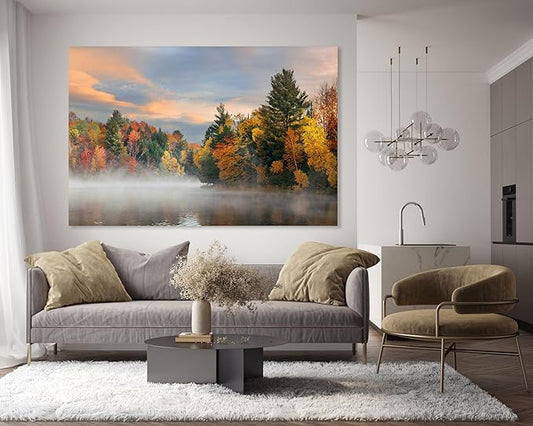 Nature Wall Art Prints - Ocean Forest Mountain Lake Canvas Landscapes - Small to Extra Large Living Room Bedroom Kitchen Bathroom Décor (Misty Fall Reflection, 31L" x 47W")