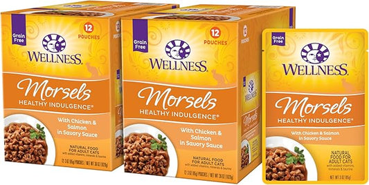 Wellness Healthly Indulgence Morsels Adult Wet Cat Food, Natural, Protein-Rich, Grain Free, 3 Ounce Pouch, 24 Pack, (Chicken & Salmon)