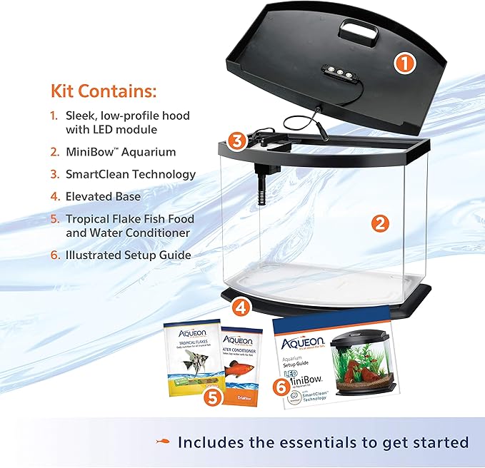 Aqueon LED MiniBow Small Aquarium Fish Tank Kit with SmartClean Technology, Black, 5 Gallon