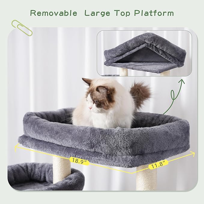 Cat Tree with Tunnel, Cat Tower for Indoor Cats, Tall Cat Tree Tower with Cat Condo, Food Station, Large Platform, Scratching Posts, Hammock, Smoky Gray GCT021G