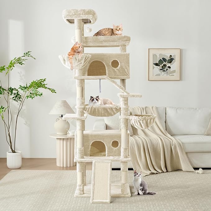 Cat Tree, 80-Inch Large Cat Tower with 9 Scratching Posts, 2 Perches, 2 Caves, 2 Basket, 2 Stairs, Extra Large Hammock, Pompoms, Multi-Level Plush Cat Condo for Indoor Cats/Beige