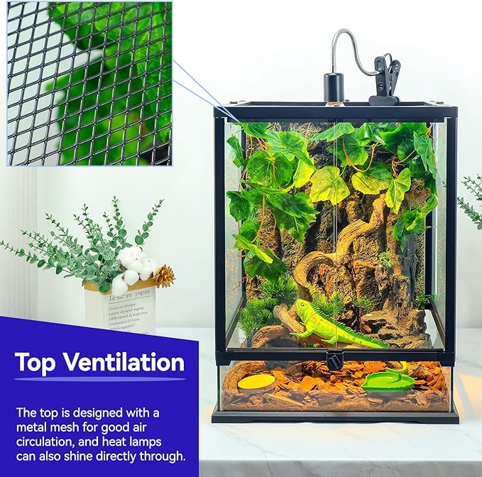 360° Clear View 35 Gallon 24x18x18 Glass Reptile Terrarium Suitable for Bearded Dragon, Chameleon, Crested Gecko, Multi-Pet Enclosure with Front Door, Excellent Ventilation, Hidden Wiring Holes