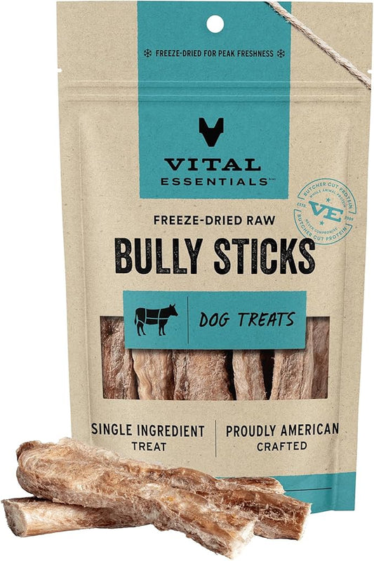 Vital Essentials Bully Sticks Dog Treats, 1.4 oz | Freeze-Dried Raw | Single Ingredient | Premium Quality High Protein Training Treats | Grain Free, Gluten Free, Filler Free