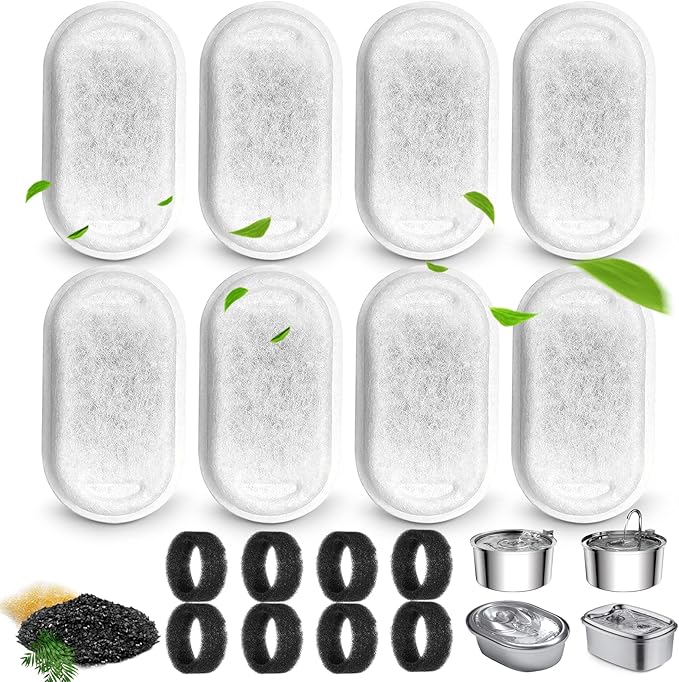 Cat Water Fountain Filters for 108/3.2L& 67oz/2L Stainless Steel Pet Water Dispenser Fountain Filter Replacement with 8 Sponges (8 Filters&8 Sponges)