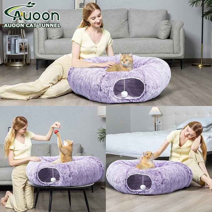 AUOON Cat Tunnel Bed for Indoor Cats - Circle Peekaboo Cat Cave with Washable Mat for Indoor Cats Kitten Kitty Puppy Rabbit Ferret (Purple)