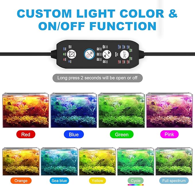 24/7 Mode Led Aquarium Light for Plants Growth-Full Spectrum Fish Tank Light with Timer, Auto On/Off, 7 Colors, Adjustable Brightness, 14W for 12 to 18 Inch Freshwater Tank