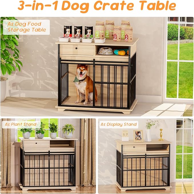 35.5" Dog Crate Furniture, Wooden Dog Crate Furniture for Medium Small Dogs, Wooden Dog Kennel End Table with Drawer and Open Shelves, Sliding Door Dog Kennel Furniture