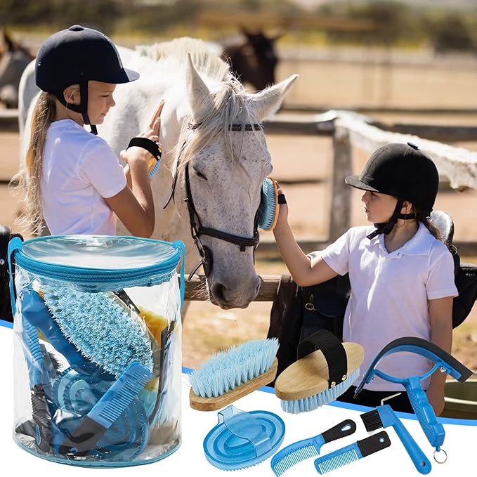 9 Pieces Horse Grooming Kit Tack Room Supplies Set with Organizer Tote Bag, Oval Massage Curry, Hard and Soft Brush, Hoof Pick, Sweat Scraper, Bathing Sponge, Combs for Horse Riders Beginners (Blue)
