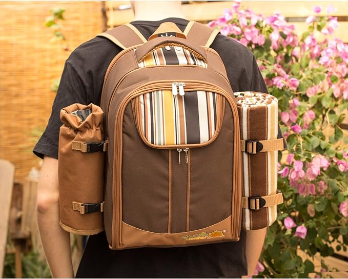 apollo walker Picnic Backpack Bag for 2 Person with Cooler Compartment, Detachable Bottle/Wine Holder, Fleece Blanket, Plates and Cutlery(2 Person, Brown)