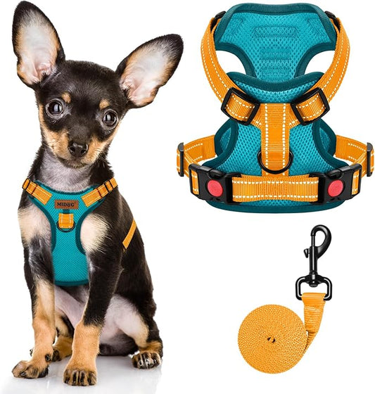 MIDOG No-Pull Dog Harness | Adjustable & Reflective Pet Harness Leash Set for Small Medium Large Dogs Walking, Training| No Choke, Front Clip, Soft Padded Vest with Easy Control Handle - Blue, XS