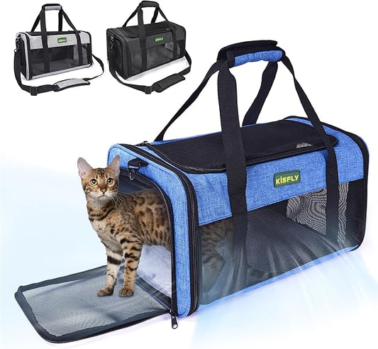 TSA Approved Pet Carrier in Cabin, 17"x11"x9.5" Soft Cat Carriers for Small Cats up to 12 lb, Top-Open Portable Dog Carrier with Litter Box and Anti-Scratch Mesh for Puppy up to 10 lb, Blue
