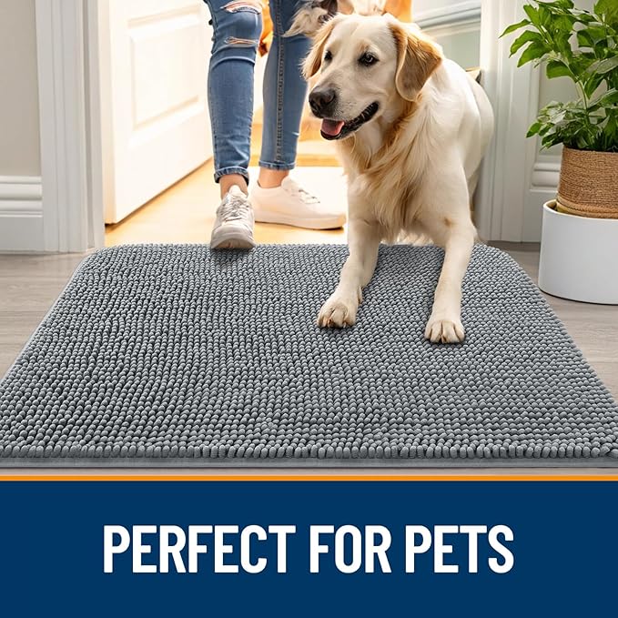 OLANLY Dog Door Mat Set 4-Piece 59x24, Absorbs Moisture and Dirt, Absorbent Non-Slip Washable Doormat, Quick Dry Chenille Mud Mat for Dogs, Entry Indoor Entryway Carpet for Inside Floor, Grey