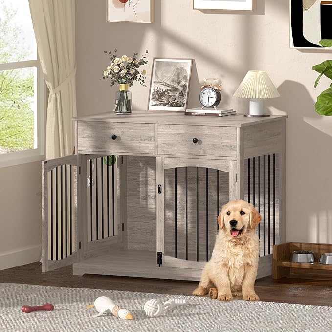 40 Inch Furniture-Style Dog Crate-Multipurpose Wood Pet Crate Furniture with Double Doors,2 Drawers, Decorative Dog House Indoor for Smal/Medium Dogs, Gray Finish